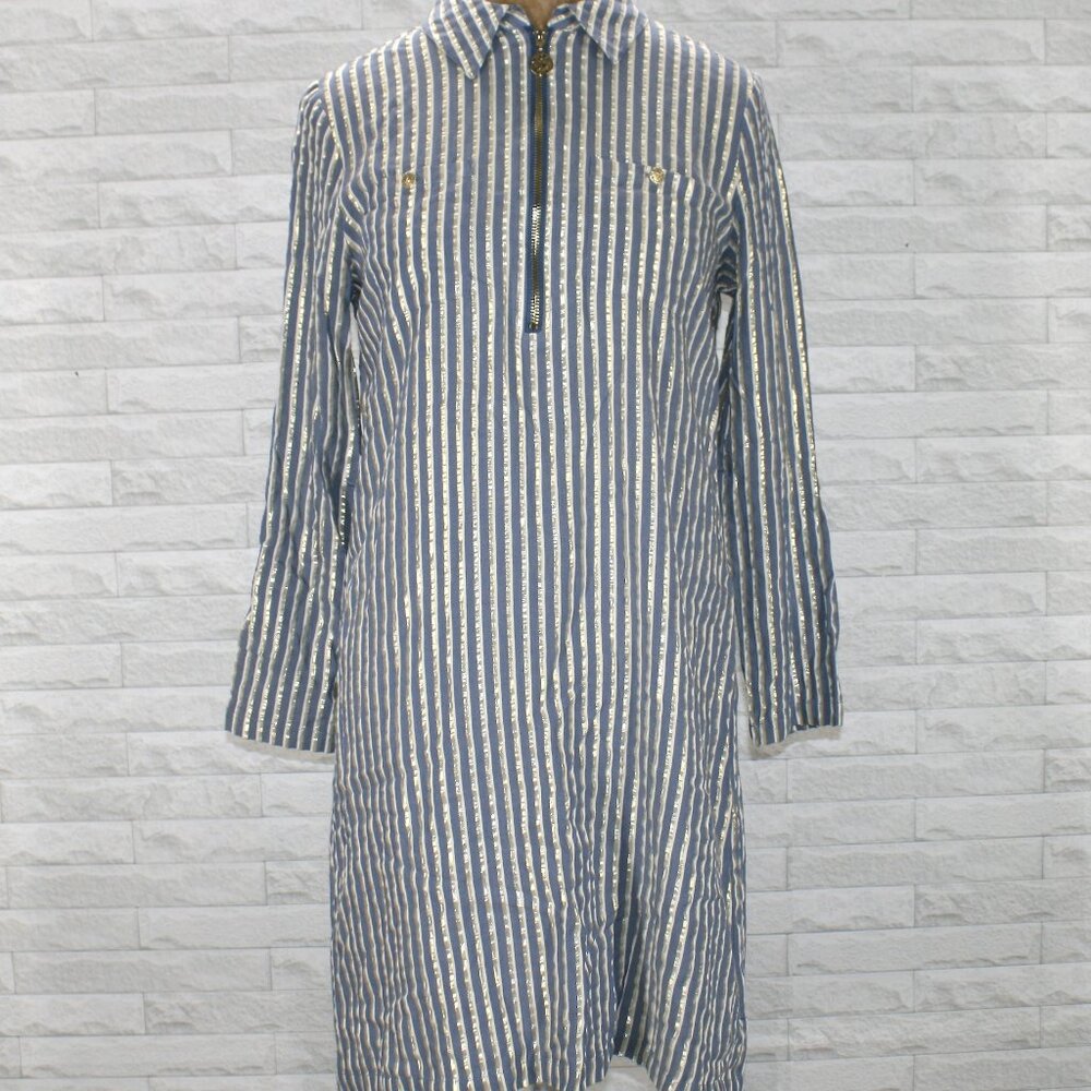 ANNE KLEIN Silk Shirt Dress Tunic Stripe Metallic Gold Midi Classic Blue 6